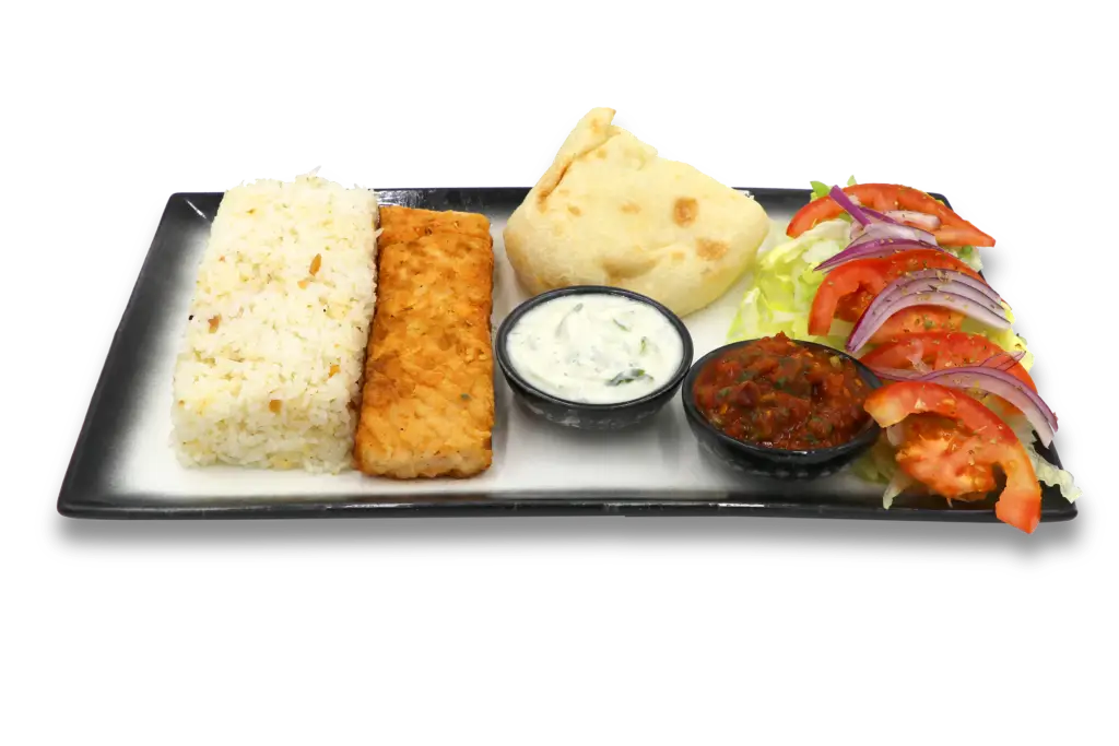 Fish platter with rice, salad, bread and dips at Captain Kitchen Kebab & Fish in Croydon South, Melbourne