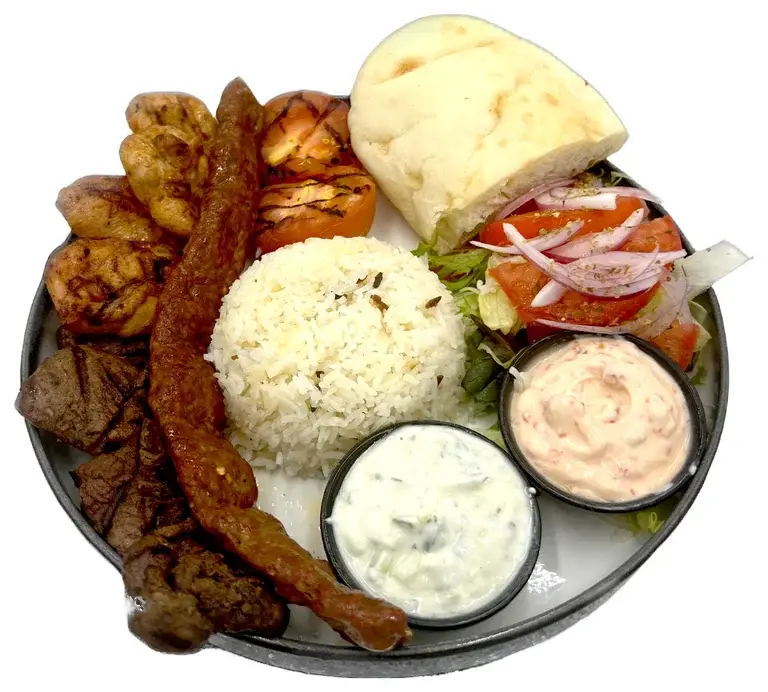 Mix Grilled Platter with chicken, lamb, Adana, rice, salad, bread and dips